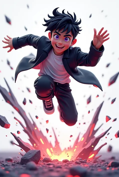 a young boy with short black hair and a lowcut fade, violet eyes, wearing a black jacket, jumping and destroying the ground with a light smile, detailed face, extremely detailed eyes, , masterpiece, 4k, 8k, highres, ultra-detailed, physically-based renderi...