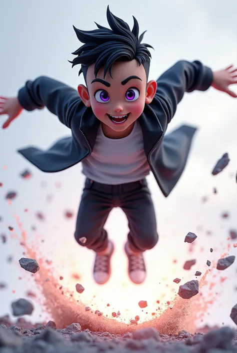 a young boy with short black hair and a lowcut fade, violet eyes, wearing a black jacket, jumping and destroying the ground with a light smile, detailed face, extremely detailed eyes, , masterpiece, 4k, 8k, highres, ultra-detailed, physically-based renderi...