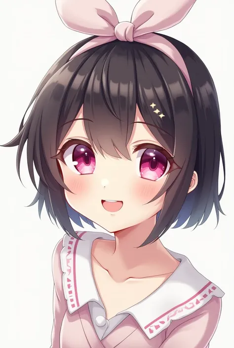 Solo, Smile, Short Hair, Hair Ribbon, Teeth, Pink Eyes, Best Quality, Anatomically Correct, 