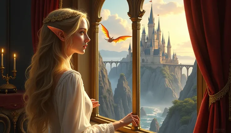 fantasy art, RPG art, a portrait picture of a (beautiful elf princess: 1.2) looking through her window at a magical castle and  flying dragon, a beautiful elven princess looking through her window to see a magical castle, an impressive best detailed castle...