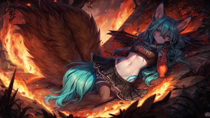 aqua vixen,fox face elongated snout add high definition_detail:1, blue fur,kitsune ears, tribal tattoo add_detail:1, in hell add...