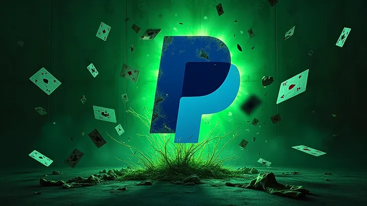 Dirty and toxic PayPal logo on a dark and green neon wall with playing cards flying around