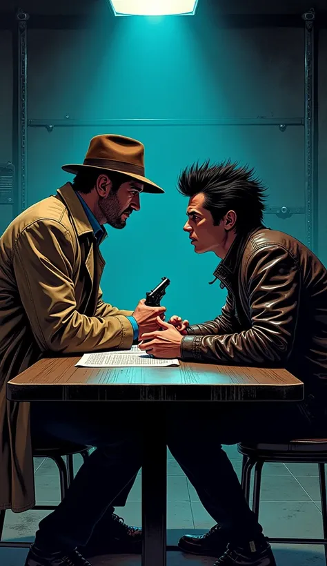 detective (The detective has brown hair and wears a brown hat and a beige trench coat.) The detective is sitting at a table interrogating a young man in an interrogation room.. (The young man has rock clothes, black fur, and has a serious expression). Do i...