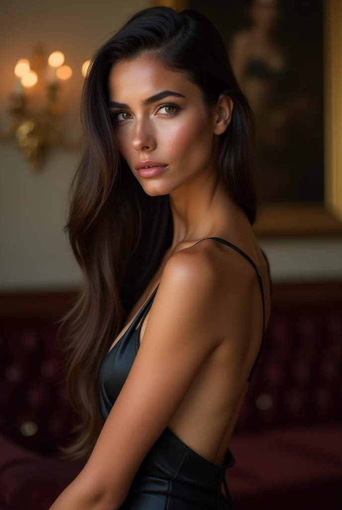 a very realistic and detailed photo of  italian woman model, black skirt, high heels , cleavage, perfect makeup, long straight sleek detailed hair, high quality, photorealistic, 8k, luxury, elegant, sophisticated, confident, piercing eyes, full lips, olive...