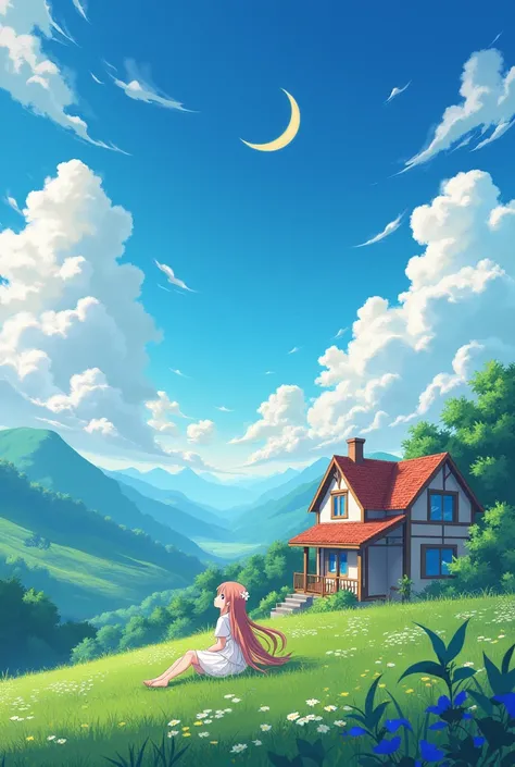 A anime house beautiful, sky full of clouds moon , a anime character girl sitting on the grass see the sky and a flower on her head , long wallpaper picture , give deep colour 