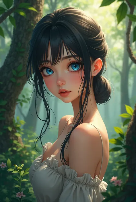 a slut, detailed forest, linda, Soft delicate beautiful attractive face with attractive blue eyes, anime, hentai