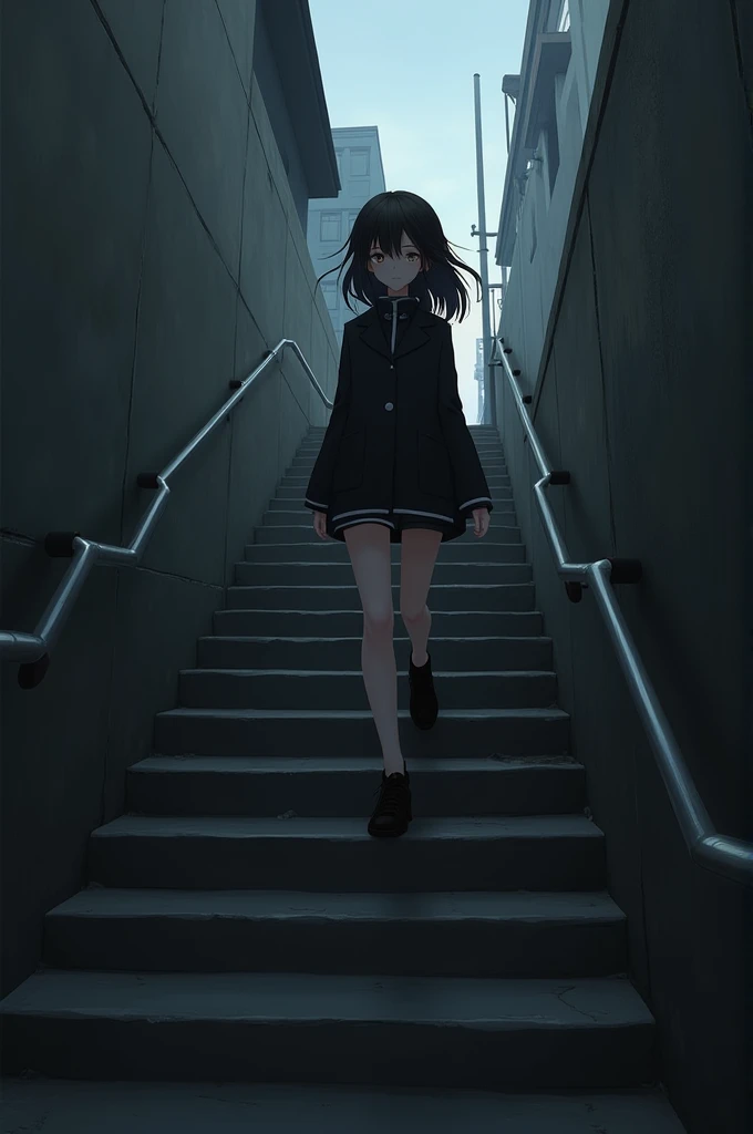 a young girl dressed in a black coat and black and white shorts walking up stairs