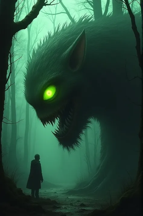 ((best quality)), ((masterpiece)), (detailed), he felt the presence of something massive and unseen, as if the forest itself was alive. (creepy) (monster green eye) (very scare)