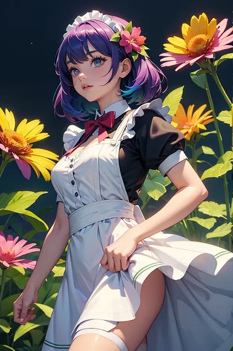 A girl with rainbow hair is wearing a maid outfit and standing in a flower field with lots of large flowers. Upper body