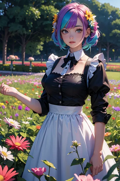 A girl with rainbow hair is wearing a maid outfit and standing in a flower field with lots of large flowers. Upper body