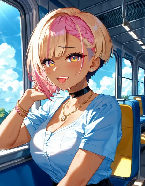 (Highest quality, 4K, 8k, High Resolution masterpiece:1.2), Very detailed, Picturesque, Anime-style photos, Photo Animation:1.37)、a beautiful girl、(Brunette Hair)、(pixie cut)、gyaru、tan、in the Crowded train、Ecstasy face、trembling、Sweat、Drooling、crying、vapor...