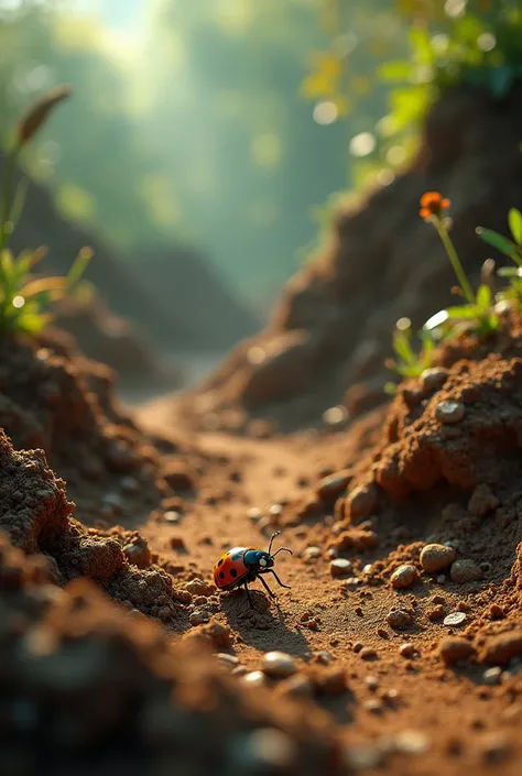 Create a wonderful image of earth where soil visible and a tiny insects seen in the image 