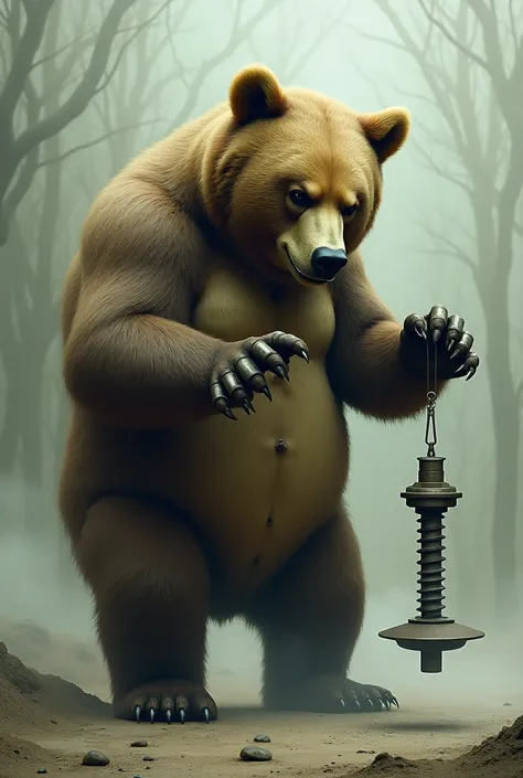 The bear twists its paws around an impeller that hangs from its bolt-shaped penis.
