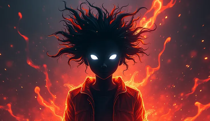 Anime. An abstract, dark silhouette of a character with two bright, glowing eyes. The character is surrounded by intense, neon flames or energy that gives a sense of power and movement. The silhouettes hair is wild and spiky, as if made of fire. The backgr...