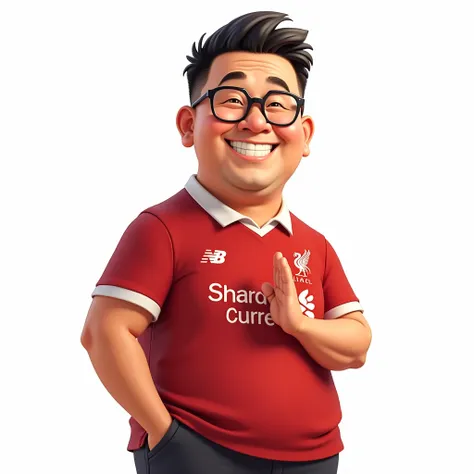 A slightly chubby Thai man, about 4, with short hair, smiling in a manga style, bowing in a Thai way, wearing a Liverpool shirt, wearing glasses, standing in a cartoon style. High quality dynamic photo, detailed and colorful, realistic and colorful pose, w...