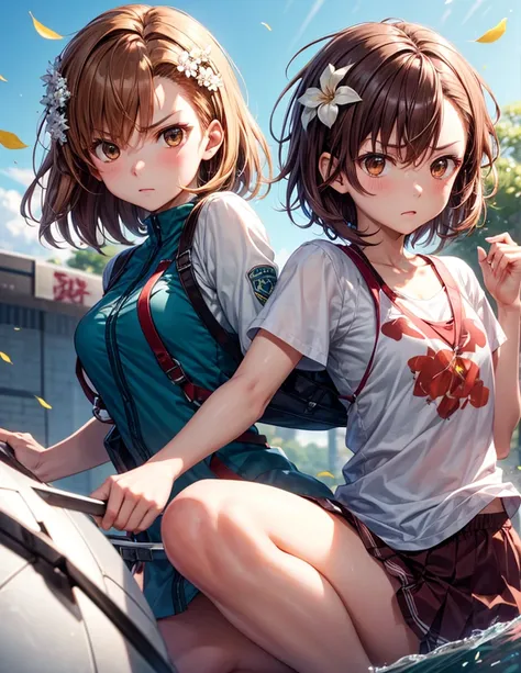 Mikoto and Misaka, short hair, Brown Hair, hair ornaments, Hair Flower, Brown eyes, anger, There&#39;s no one else、angerの脈, skirt, shirt, school uniform, white shirt, Short sleeve, pleated skirt, grey skirt, Sweater vest, tokiwadai school uniform, Outdoor,...