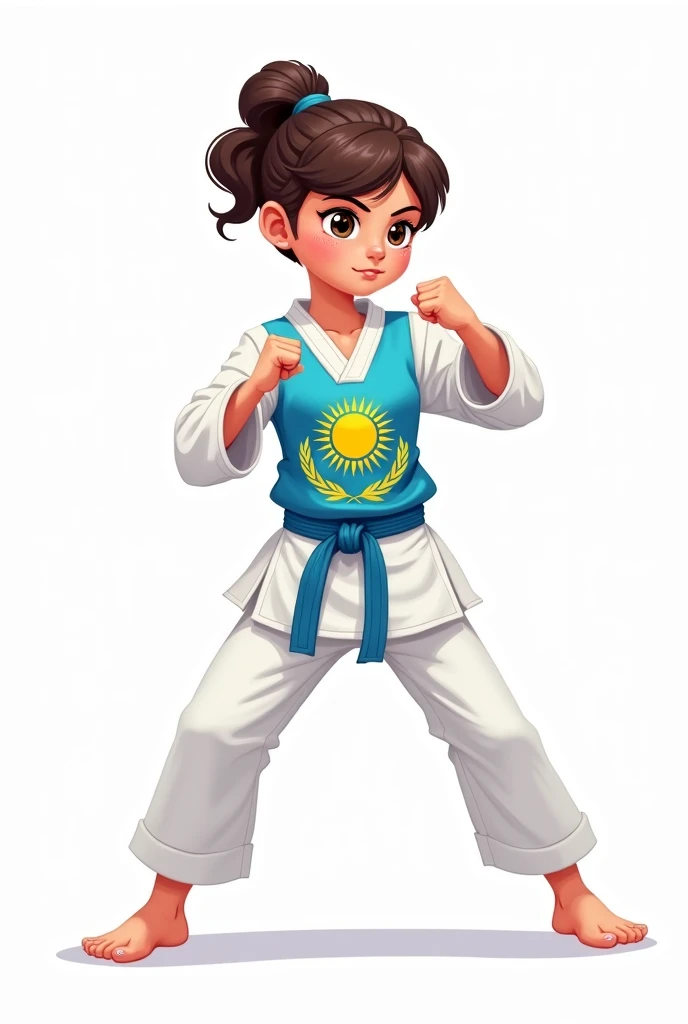 ((officially)) ((masterpiece)) ((Best quality)) ((detailed)) cartoon girl karateka in uniform with emblem flag of Kazakhstan in fighting stance on white background