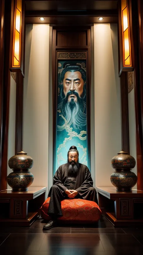 Confucius, is sitting. The face is clearly visible, you can see all the details, everything is clear and proportional,  he teaches, futuristic chinese style background , light and bright tones 