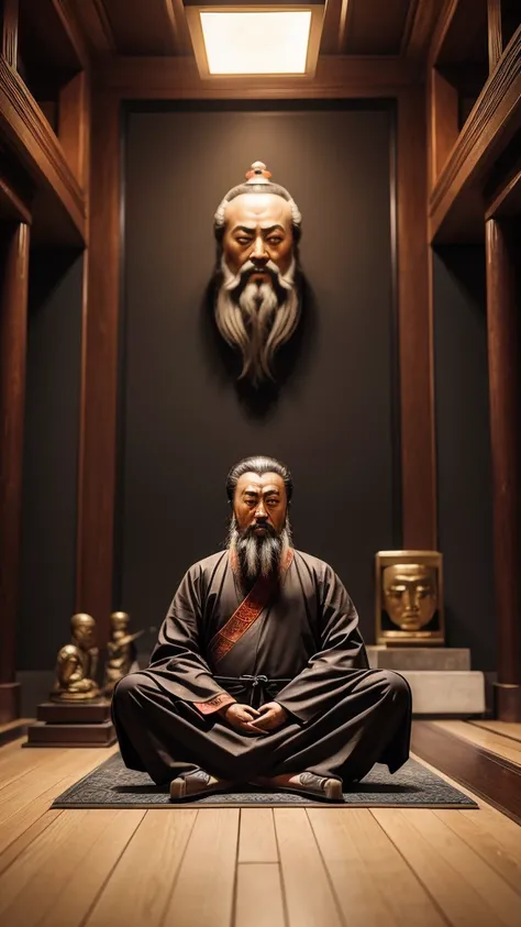 Confucius, is sitting. The face is clearly visible, you can see all the details, everything is clear and proportional,  he teaches, futuristic chinese style background , light and bright tones 