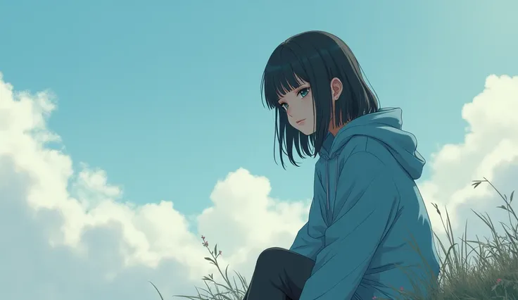 Depressed girl in a blue hoodie with sky with clouds in the background