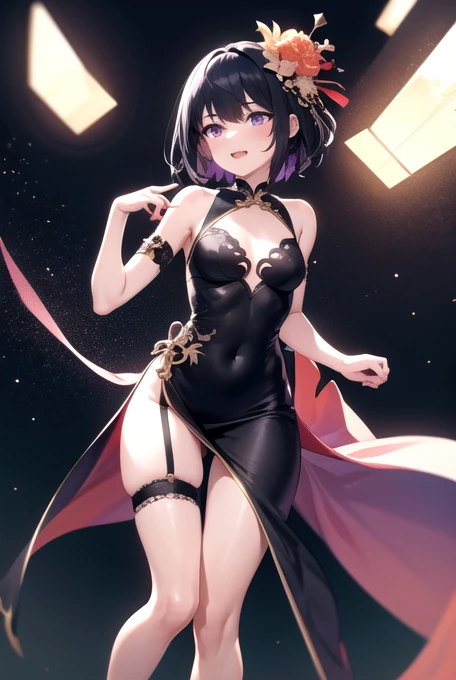 Girl, black hair not very small breasts, black chinese dress, garter tied to his leg, flying in air, detailed purple eyes, short hair, long braided hair, thigh gap, happy red cheeks, hair ornament, not very high heels