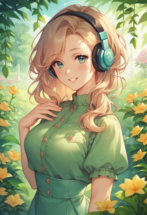 A cute girl with an adorable smile, wearing sleek modern headphones and a bright green outfit, happily walking through a beautiful garden. The scene is filled with vibrant flowers, lush greenery, and soft sunlight creating a warm and inviting atmosphere.