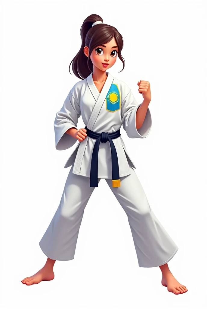 ((officially)) ((masterpiece)) ((Best quality)) ((detailed)) cartoon girl karateka in uniform with emblem flag of Kazakhstan in fighting stance on white background