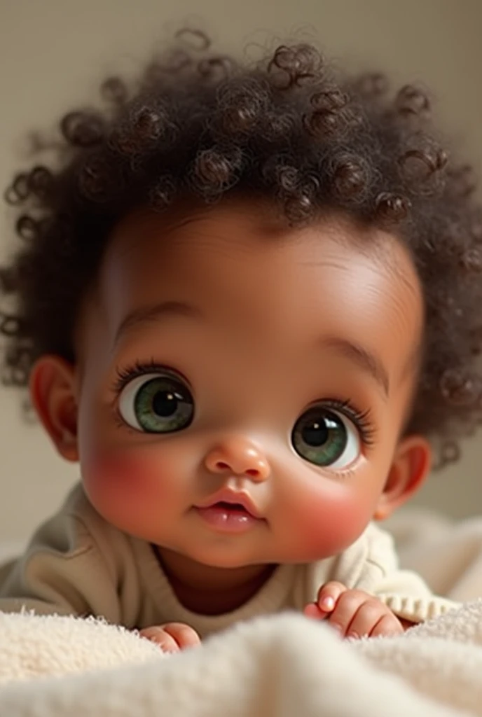 A light brown baby with opaque dark green eyes, curly hair 3a,