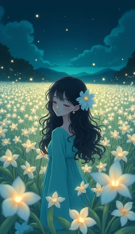  1girl, Solo, High Resolution, Masterpiece, Accurate, Best Quality, Award Winning, Long Hair, Black Hair, Curly Hair, Crescent Earrings, Light Smile, Close Eyes, POV, Multiple Views, Hair Flower, Sparkle, Bloom, Blending, standing in the middle of the whit...