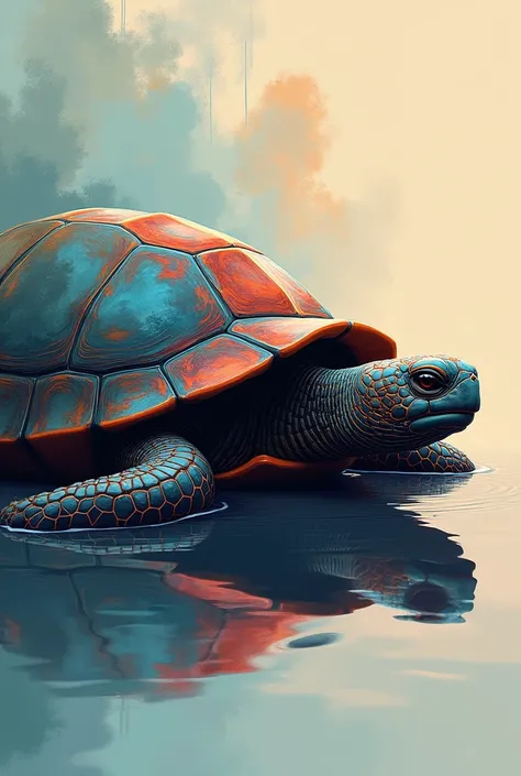 Image of a turtle with its head half-inserted into its shell, that can be seen from the side, Abstract with many colors that looks aesthetically beautiful to put in a painting, that is not hyper realistic but not completely animated either