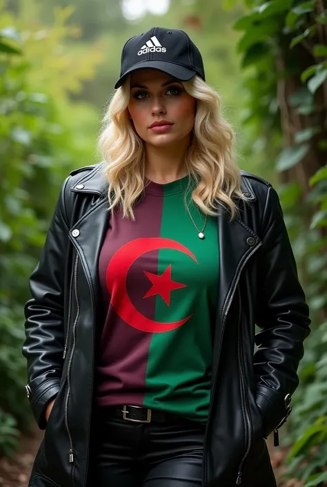 Raw, best quality, high resolution, masterpiece: 1.3) blonde, fat woman . Wearing a black leather coat, an Adidas hat, a T-shirt with the Algerian flag detailed and tailored in green and white, green nature background 