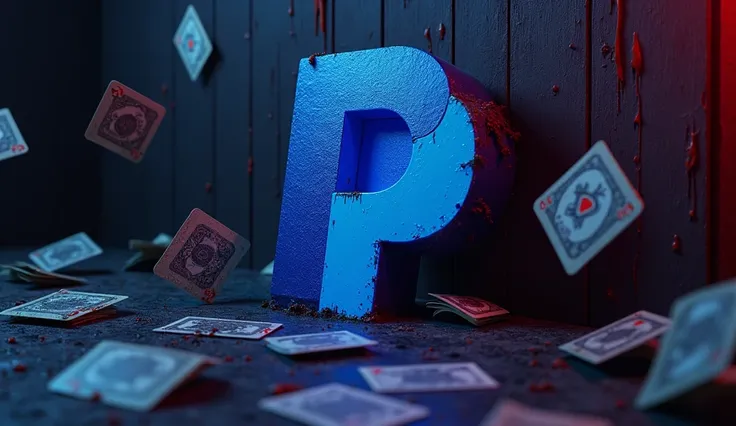 Dirty and toxic PayPal logo on a dark and neon wall with playing cards and money flying around