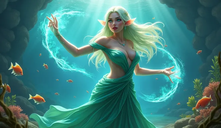 fantasy art, undersea art, fantasy art, undersea art, female sea elf, druid, cleric of sea, casting magical spell, ultra feminine, with a long curvy hair, light green hair, blue eyes, beautiful delicate face, an undersea setting background, fantasy sea, un...