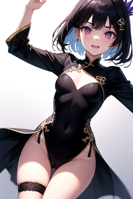 Girl, black hair not very small breasts, black chinese dress, garter tied to his leg, flying in air, detailed purple eyes, short hair, long braided hair, thigh gap, happy red cheeks, hair ornament, vagina love