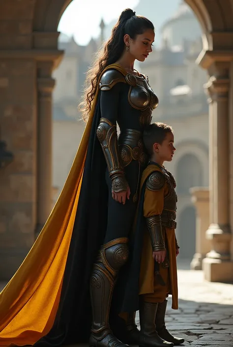 Image of a feminine woman in medieval warrior character dressed in a TWO-COLOR cape: half is GOLD color and the other half is BLACK color. She&#39;s a superhero. She and the child are back to back, side by side and look at each other in profile.