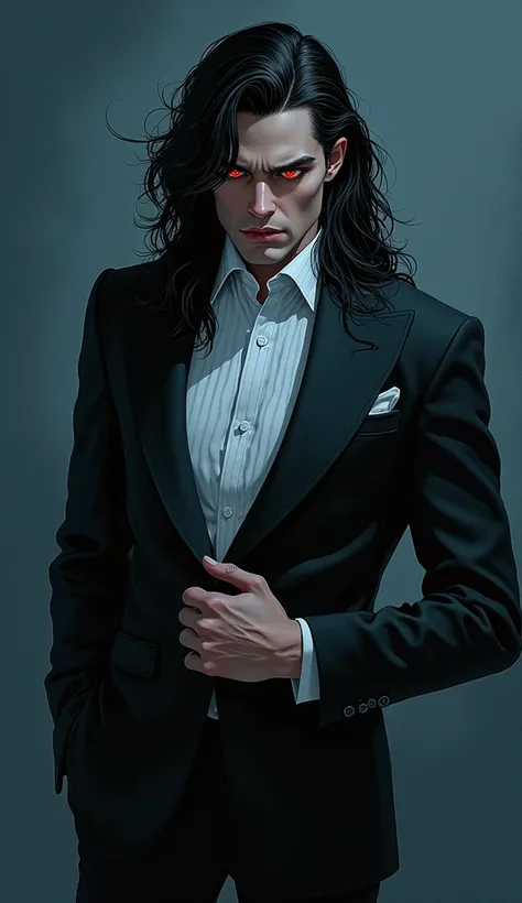 Vampiric character design, striking white man, long flowing black hair cascading to shoulders, wearing a sophisticated sleek grey tuxedo, meticulously tailored, face reminiscent of Henry Cavill, defined jawline and angular features, piercing reddish eyes g...