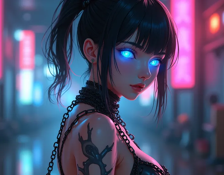 Japanese comic black and white cyberpunk anime 8K, a sexy woman with a seductive cyborg body with a chain bikini, luminescent neon blue cyborg eyes, 3D shadows radial light, ultra-detailed chain bikini, colorful image