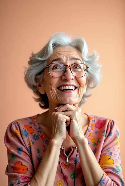 "Create a high-resolution image of an elderly lady looking warm and friendly, with gray hair and a warm smile. She is wearing glasses and a colorful blouse., and his face expresses the excitement of having a brilliant idea. She has one hand on her chin and...