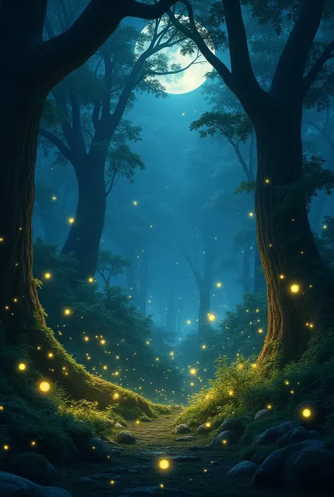 CREATE AN IMAGE OF BEAUTIFUL FORESTS AT NIGHTS FULL OF FIREFLIES