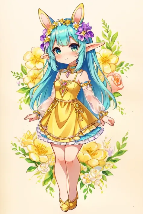 drawing of a girl in a yellow dress with a flower in her hair, full color drawing, elf girl wearing an flower suit, colored drawing, full body portrait of a short!, original chibi bunny girl, in a fancy dress, full body with costume, full body picture, tra...