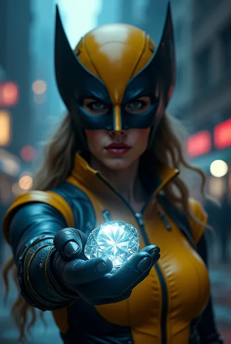 A woman dressed in a wolverine costume holding a diamond no mask