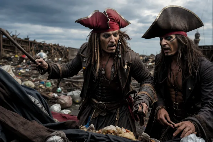 A man dressed as a crazy pirate from Pirates of the Caribbean looks into the camera and fights for food with another pirate near a garbage dump in St. Petersburg