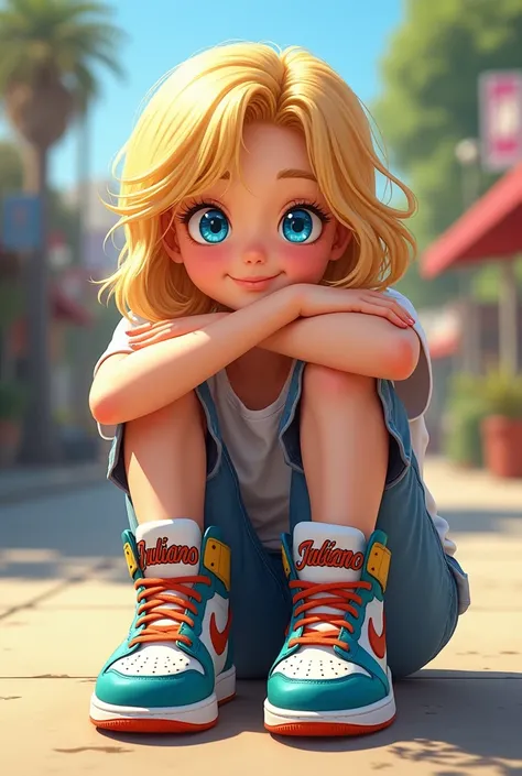 young blonde, blue colored eyes, wearing sneakers with JULIANO written on them, on a sunny day