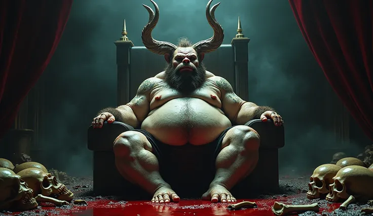 god standing ,royal hall, pool of blood chubby, hairy, hairy belly, Holding your big belly, high resolution, ultra-detailed, sharp focus, detailed eyes, symmetrical eyes, expressive eyes, clear pupils, focused gaze , kings expression is intimidating with a...