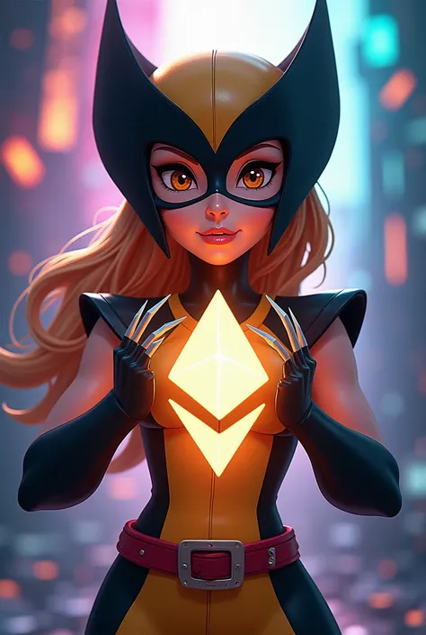 A woman dressed in a wolverine costume holding the ethereum logo as a cartoon