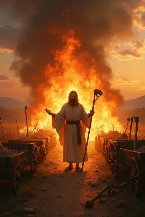 Prophet Elisha burning his wagons and plow tools.