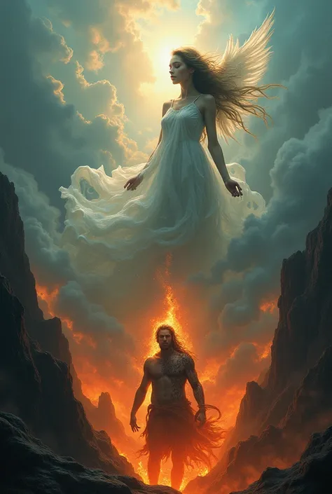 Woman with sky in the background and a man below with hell in the background 