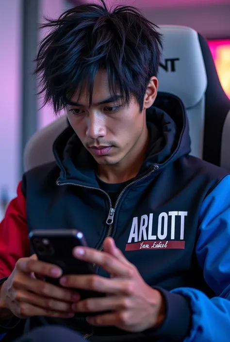 ((best quality)), ((masterpiece)), (detailed), perfect face A gamer focused on playing on a cell phone. He wears a custom jacket with his name on it. "Arlott" written on the chest and "Gabriel" on the right arm. The jacket is black in color, blue and red, ...