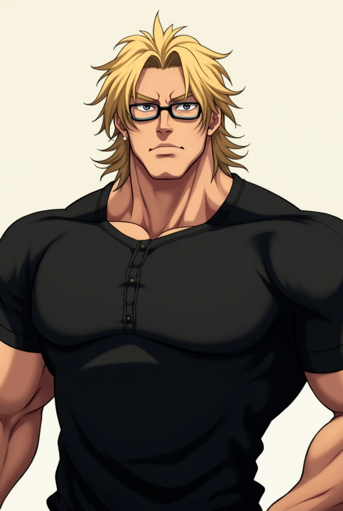 Create a male anime with muscles and blonde hair and black glasses with a black shirt with a blue vertical line