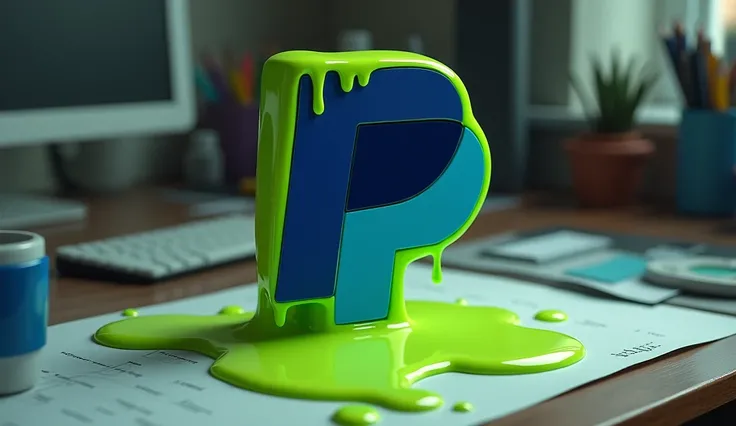 PayPal logo smeared with toxic green slime on an office desk, conveying the idea of ​​corruption